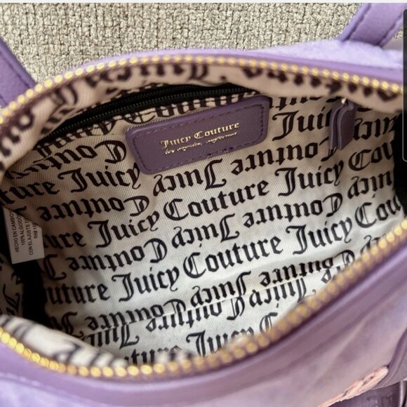 JUICY COUTURE NWT Mini Velour Barrel Bag XBODY Guitar Strap Dusty Violet - Picture 2 of 9